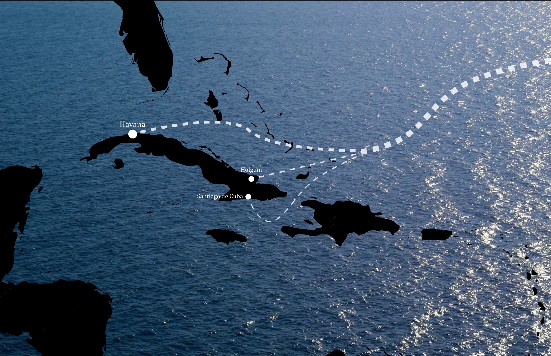 Map of Cuba highlighting Havana, Holguin and Santiago de Cuba